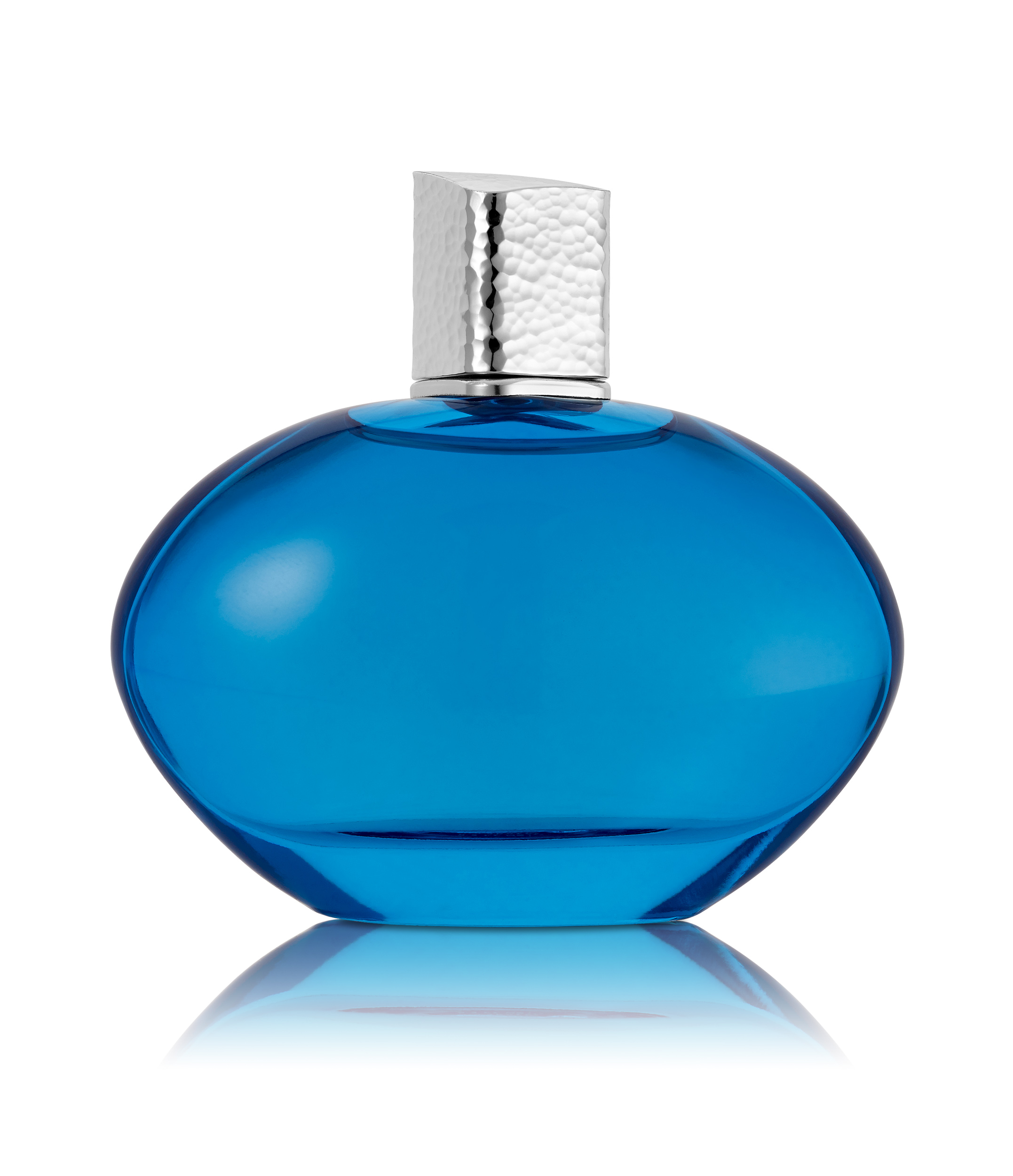 an e-commerce photograph of an oval blue bottle of perfume with hammered silver cap with reflection on white