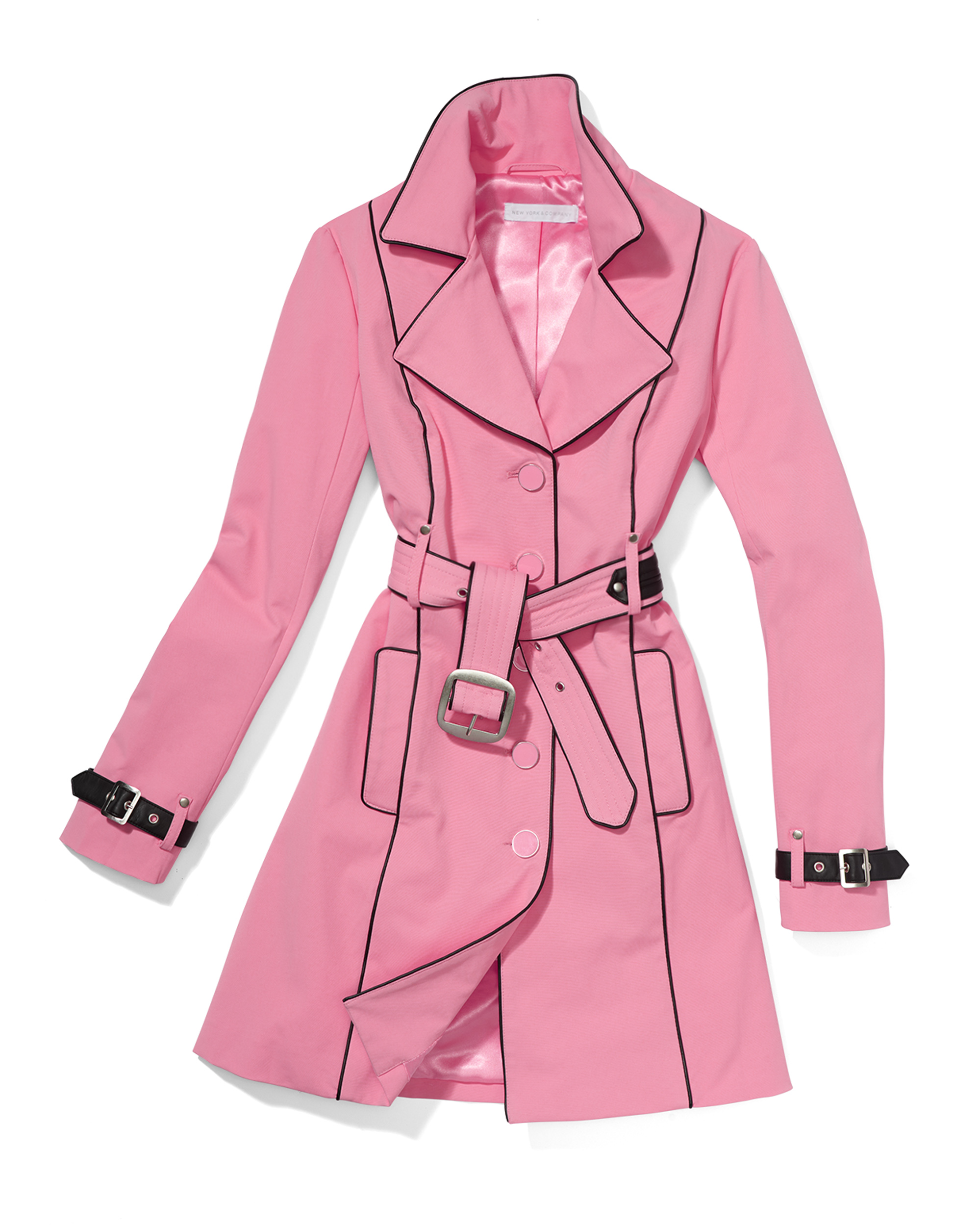 a product photograph of a pink trench coat with soft styling on white